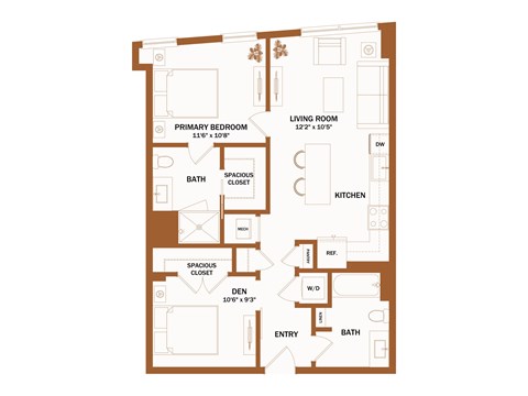 A brown floor plan of a house with a living room, two bedrooms, a kitchen, a bathroom, a den, a study, and an entry.